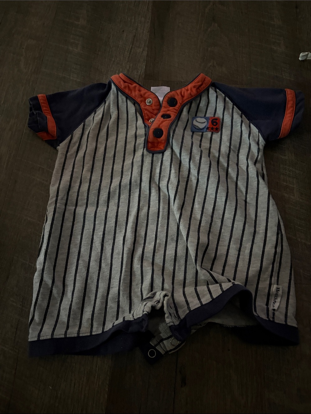 Striped Navy & grey Baseball-Style Baby Romper with Orange Trim